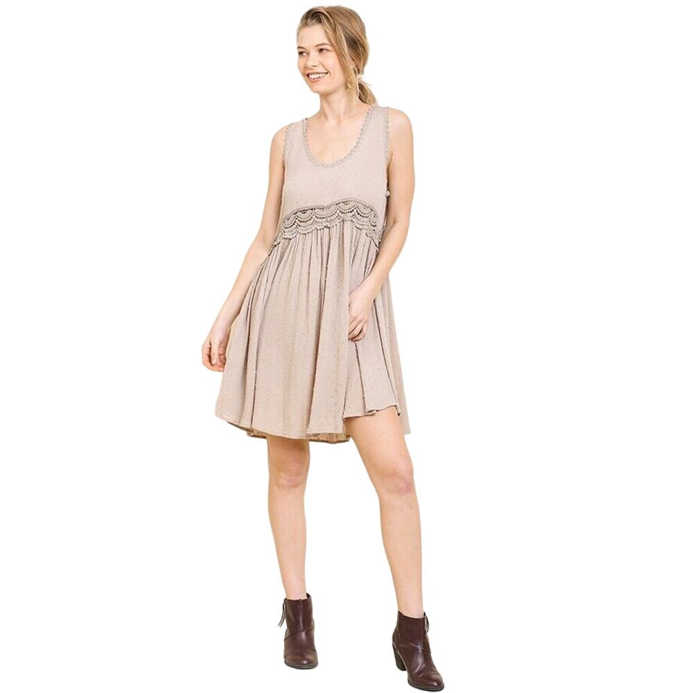 Umgee USA Womens Scoop Neck Sleeveless Swiss Dot Dress -- Latte Brown, Small NEW